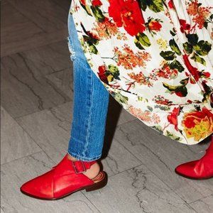 Free People Bryce Red Leather Pointed Toe Buckle Ankle Wrap Flats Size 9